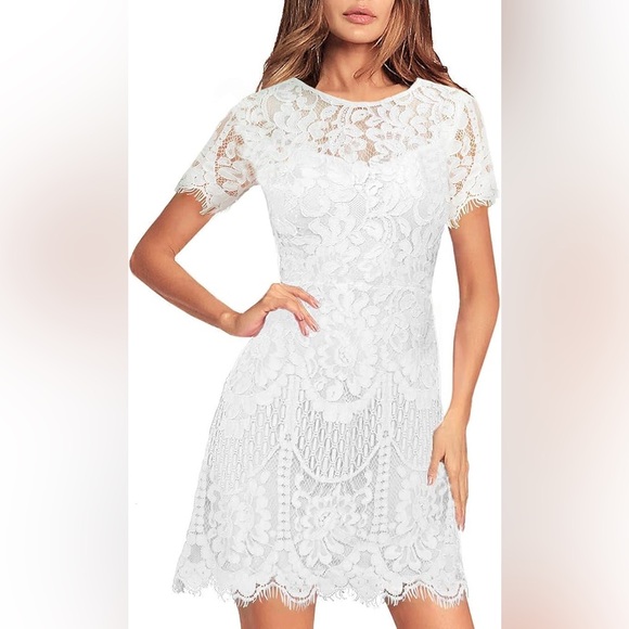 MSLG Dresses & Skirts - NWT feminine bridal graduation White lace overlay short sleeve mini dress sz L